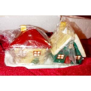 Russ Bonnie Lynn Salt Pepper Shaker Tray Christmas Cottage House NEW w/Box 3pcs